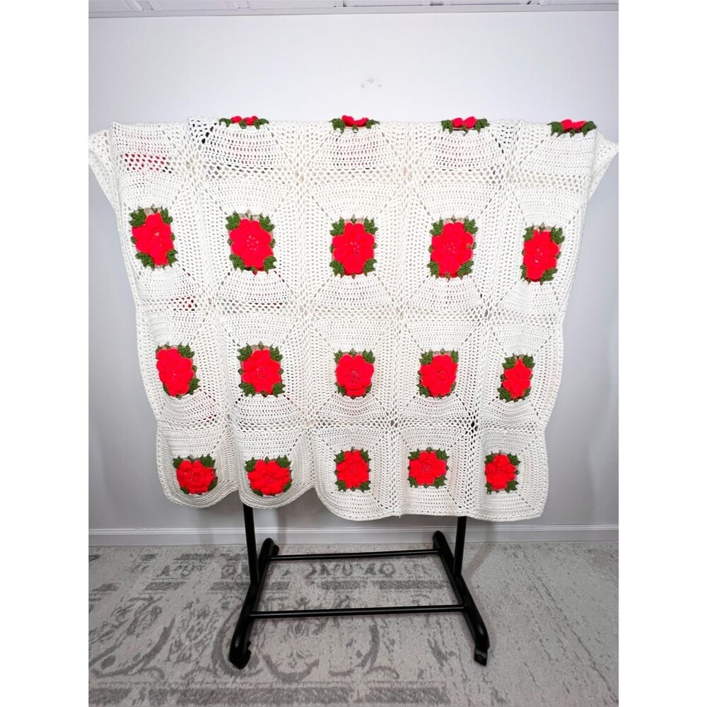 VTG Handmade Crochet Throw 3D Red Roses Granny Square Afghan 72”x60”